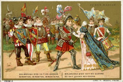 Tarjeta promocional para los grandes almacenes parisinos Au Bon Marché, que representa una de las canciones populares y de niños más conocidas en francés, Marlbrough sen va-t-en guerre (Marlborough se ha ido de French School
