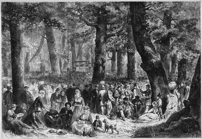Costumbre protestante: el "zendingsfeest" o festival de misiones celebrado en Holanda. Peregrinos comen durante el discurso del predicador. Grabado en "Le Monde Illustré" n°853 del 16 de agosto de 1873. de French School