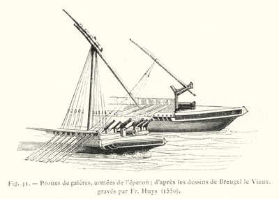 Proas de galeras, armadas con el espolón; según los dibujos de Breugel el Viejo, grabados por Fr Huys de French School