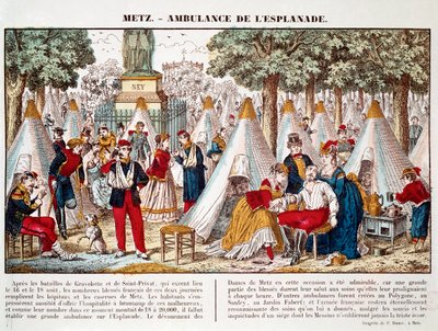 Guerra prusiana: una ambulancia instalada en la explanada para tratar a los heridos en 1870 en Metz (grabado) de French School