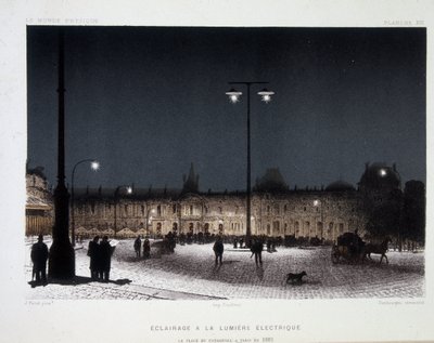 Iluminación pública con luz eléctrica en la plaza del carrusel en París 1883 - en "Magnetismo y Electricidad" de Amedee Guillemin de French School