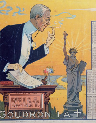 Calendario publicitario para el fabricante de papel de cigarrillos Rizla, que muestra al Presidente Woodrow Wilson (1856-1924) y la 15ª proposición para la Liga de las Naciones, 1920 de French School
