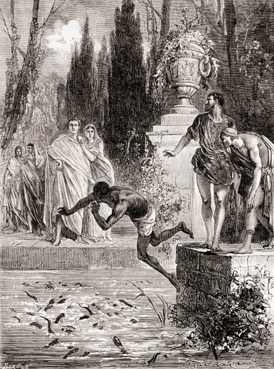 Publio Vedio Polión, ecuestre romano, alimentando a un esclavo con sus anguilas lampreas, de Les Merveilles de la Science, publicado c.1870 de French School
