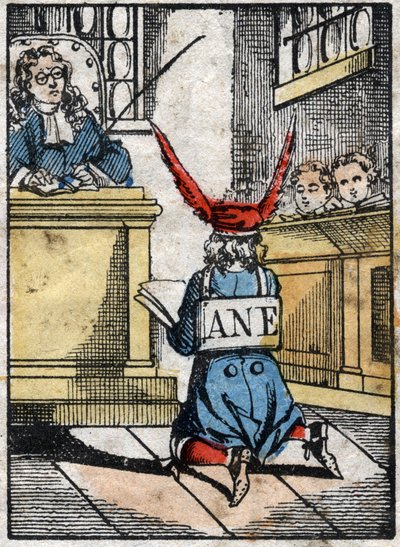 Castigo en la escuela: Alumno castigado, con un gorro de burro. Imagen de Epinal de finales del siglo XIX. de French School