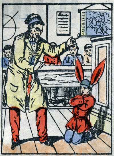 Castigo en la escuela: Alumno castigado, con un gorro de burro por hablar con sus compañeros. Imagen de Épinal de finales del siglo XIX. de French School