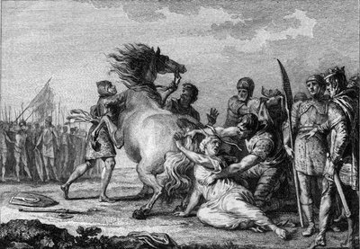 Castigo de Brunehaut, 613: Brunehaut o Brunehilde (543-613), reina de Austrasia, es atada a la cola de un caballo indomable antes de ser arrastrada al suelo. Grabado del siglo XVIII. de French School
