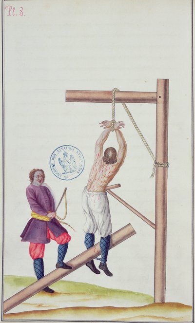 Castigo con un knout mientras se está suspendido de una cuerda, de Voyage en Russie, 1731 de French School