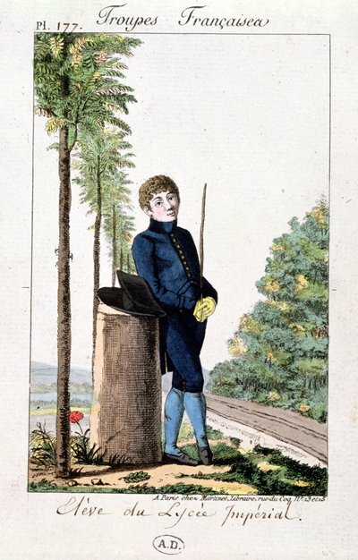 Alumno del Liceo Imperial en París apoyado contra un árbol, lámina 177 de Troupes Francaises, c.1805-10 de French School