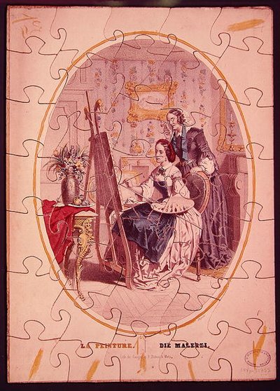 Piezas de rompecabezas que representan a una mujer pintando en un caballete, c.1840-50 de French School