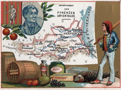 Pirineos Orientales (66), Languedoc-Roussillon, Francia. Retrato de Dominique François Jean Arago (1786-1853). Especialidad local: Miel y Sardinas. Serie sobre los Departamentos Franceses. Cromolitografía “el hilo geográfico” de French School
