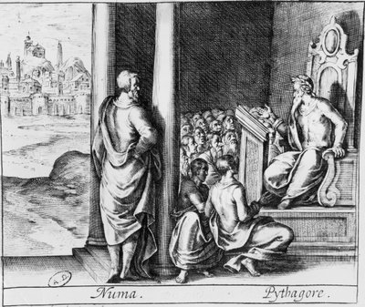 Pitágoras (c.570-480 a.C.) enseñando a una clase de estudiantes, ilustración de las Metamorfosis de Ovidio de French School