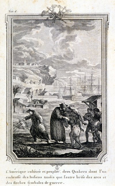 Misioneros cuáqueros tratando de evangelizar a los indios de América - Grabado de French School