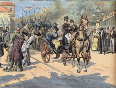 La reina María Cristina de Teschen (1858-1929) saluda a las reinas de los mercados de París, del periódico "Le Petit Parisien" de French School