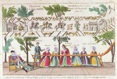 La reina Matilde y sus sirvientes tejiendo el Tapiz de Bayeux, escena de una representación de Vaudeville de French School