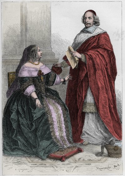 Reina de Francia Ana de Austria (1601-1666) y el Cardenal Jules Mazarin (Giulio Raimondo Mazzarino o Mazarino) (1602-1661) - grabado de 