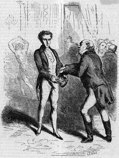 Rastignac mareado deja que el hombre de cabello blanco tome diez luises. Grabado a mediados del siglo XIX. Ilustración para "El padre Goriot" de Honoré de Balzac (1799-1850). de French School