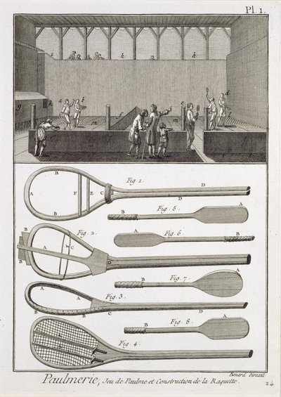 Tenis real y la construcción de raquetas, de la Enciclopedia de Denis Diderot (1713-84), grabado por Robert Benard (n.1734), publicado c.1770 de French School