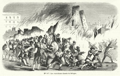 Rebeldes expulsando a los austriacos de Bolonia, Italia, 1848 de French School
