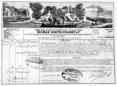 Recibo emitido por la Compagnie du Canal du Midi para el transporte de mercancías de Burdeos a Beziers, 1857 de French School