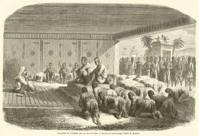 Recepción del viajero por los reyes de Laos (grabado) de French School