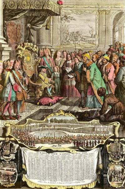 Recepción de Mehemet Effendi embajador turco del gran sultán Achmet por Luis XV el 21 de marzo de 1721 en las Tullerías. Grabado del siglo XVIII. Colección particular. de French School