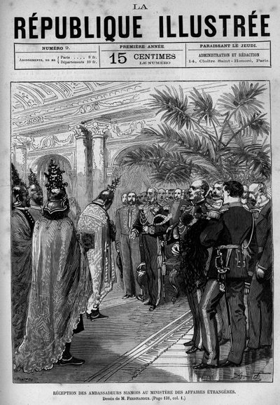 Recepción de embajadores siameses en el Ministerio de Asuntos Exteriores. Un periódico. Grabado de 1880 en "La republique illustree" colección privada. de French School