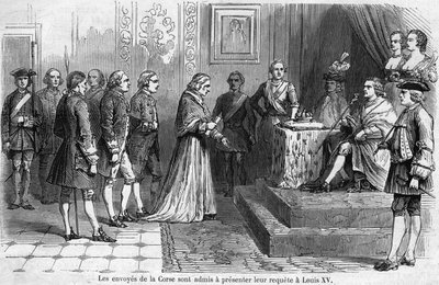 Recepción de la delegación corsa por el Rey Luis XV (1710-1774) en 1769. Los enviados piden que la isla sea anexada a Francia. de French School