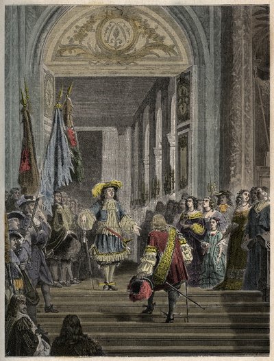 Recepción del Gran Condé en Versalles por Luis XIV - escalera de los embajadores - Recepción del Gran Condé (Luis II de Borbón Condé) por el Rey de Francia Luis XIV en Versalles en 1674. grabado en “PATRIE” - DESCRIPTION PICTURESQUE DE LA FRANCE de French School