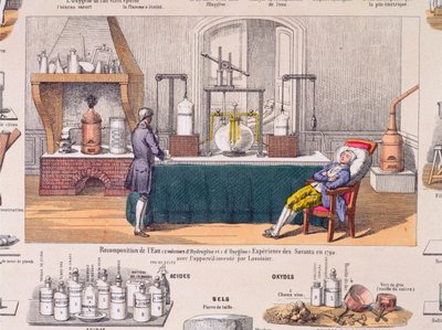 Recomposición del agua a partir de hidrógeno y oxígeno: Antoine Laurent de Lavoisier (1743-94) experimentando sobre la respiración de un hombre en reposo, ilustración de una placa educativa, c.1860 (grabado en color) de French School