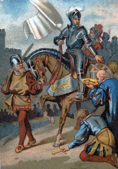 Recuperación de Calais sobre los ingleses por el duque de Guisa en 1558. Cromolitografía de la serie "Educación patriótica a través de la imagen" de French School