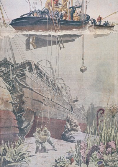 Recuperación del tesoro del naufragio del Oceana, ilustración de Le Petit Journal, 1912 de French School
