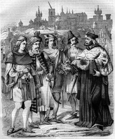 Rector y estudiantes de varias naciones en la Universidad de Praga en el siglo XVII. Grabado de 1852. de French School