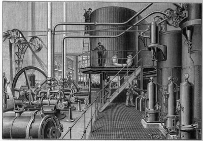 Sala de máquinas refrigeradas de la pista de patinaje sobre hielo artificial “Le pole nord” en la rue de Clichy en París en 1892 de French School