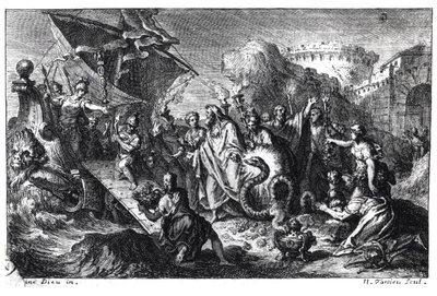 Reencarnación de Asclepio como una serpiente en el momento de la llegada de su culto a Roma desde Grecia en 293 a.C. de French School