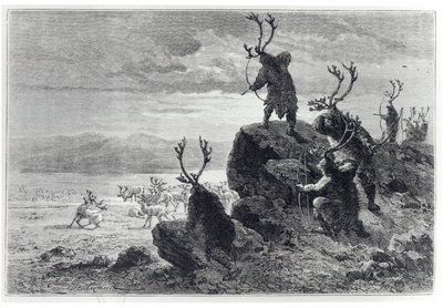 Caza de renos en la Edad de Piedra, ilustración de L