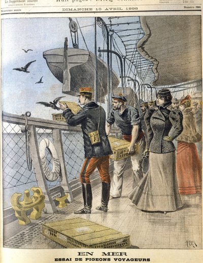 Suelta de palomas mensajeras del ejército francés a bordo del transatlántico La Bretagne entre Le Havre y Nueva York. de French School