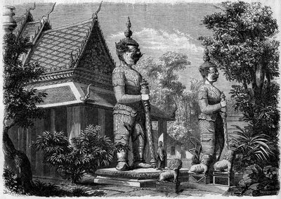 Arquitectura religiosa: vista exterior de una pagoda en Bangkok (Siam) en 1861. Grabado en "Le Monde Illustré" n°223 del 20 de julio de 1861 de French School