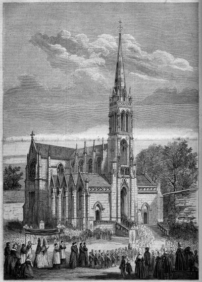 Arquitectura religiosa: vista general de la iglesia de Monfort le Retrou (hoy Montfort le Gesnois en la Sarthe (72), el día de su inauguración en 1858. De un boceto del Sr. Moulin. Grabado en Le Monde Illustré n°77 del 2 de octubre de 1858 de French School