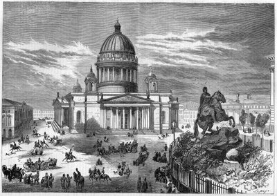 Arquitectura religiosa: vista de la Iglesia Ortodoxa de San Isaac (1819-1858) en San Petersburgo, Rusia, construida según los planos del arquitecto Ricard de Montferrand (1786-1858). A la derecha está la estatua ecuestre de Pedro el Grande de French School