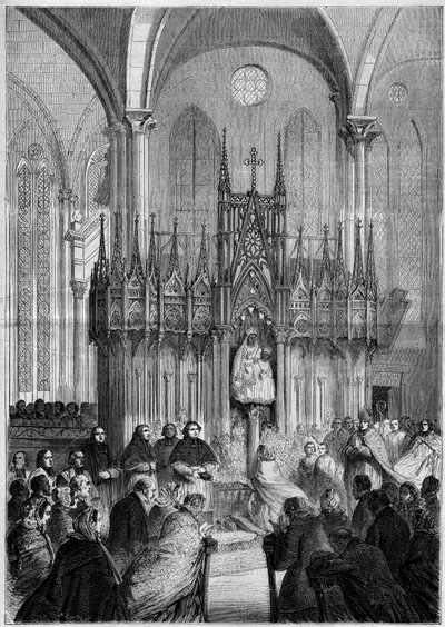 Arte religioso: estatua de Notre Dame du Pillar o "Virgo Noire" (alrededor de 1540) en la catedral de Chartres (Eure et Loire, 28) en 1858. Grabado en "Le Monde Illustré" n°89 del 25 de diciembre de 1858. de French School