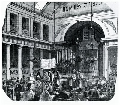 Ceremonia religiosa en la antigua Sinagoga de París para Rosh Hashaná, ilustración de Le Tableau de Paris por Edmond Texier, publicado en París, 1852 de French School