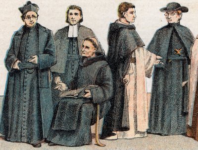 Trajes religiosos: de g a d retrato de un jesuita, un padre marista (Marcelino Champagnat), un monje benedictino, un monje dominico y un oblato - Grabado - Trajes religiosos: de g a d retrato de un jesuita, un hermano marista, un monje benedictino de French School