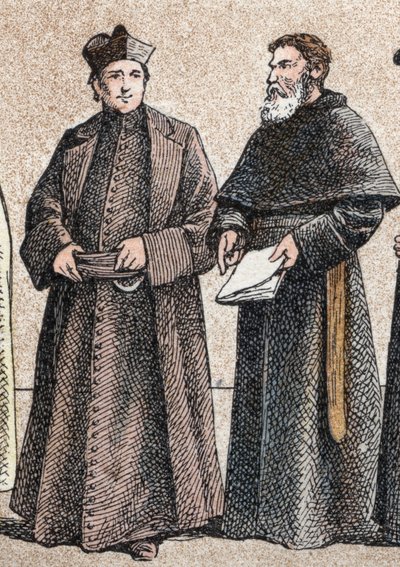 Trajes religiosos: de g a d retrato de un jesuita y de un hermano asuncionista (miembro de la congregación de los Agustinos de la Asunción) - Grabado - Trajes religiosos en la antigüedad: de izquierda a derecha, retrato de un jesuita y de un asuncionista. de French School