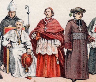 Trajes religiosos: de g a d un eveque llevando la mitra y sosteniendo la culata episcopal, el papa León XIII (Leone XIII) sentado, un cardenal en solideo prelaticio (o cappa magna), y un eveque en casaca - de i a d, obispo con mitra y báculo, el papa L de French School