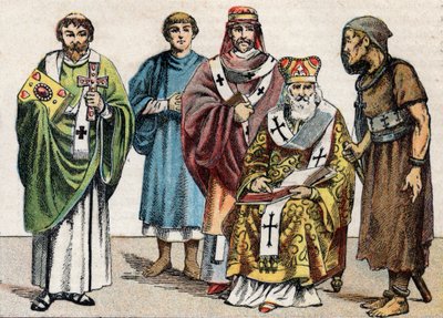 Trajes religiosos en la Antigüedad: de g a d retrato de un diácono bizantino, un sacerdote cristiano del siglo I, un eveque en el siglo V, un patriarca bizantino y un anacoreta - Grabado - Trajes religiosos en la Antigüedad: de izq a r de French School