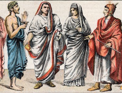 Trajes religiosos en la Antigüedad: de g a d retrato de un sacerdote griego, ministro para los sacrificios, un Gran Pontífice en la antigua Roma (Pontifex maximus), una vestal, una pretora de la antigua Roma y un flamen sacerdote romano consagrado al culto de French School