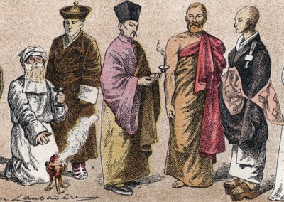 Trajes religiosos de Asia: de g a d retrato de un sacerdote Parsi (parsi o seguidor del parsismo), Lama (maestro espiritual tibetano), sacerdote budista chino, bonze de Ceilán y sacerdote budista japonés - Grabado - Trajes religiosos de Asia: de izquierda  de French School