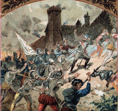 Guerras religiosas: los hugonotes tomaron el castillo de Dampierre en 1567. Cromolitografía de finales del siglo XIX de French School