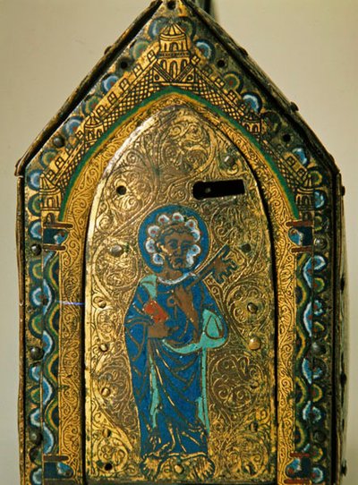 Relicario con escenas de la vida de Santa Valeria, Limoges, c.1175 (madera, cobre y esmalte cloisonné, grabado y dorado) de French School