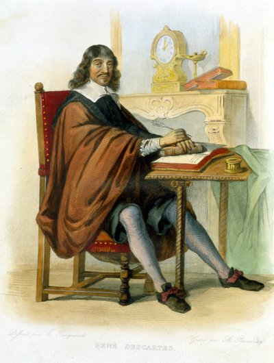René Descartes escribiendo - en Ed. Mennechet, "Le Plutarque français" de French School